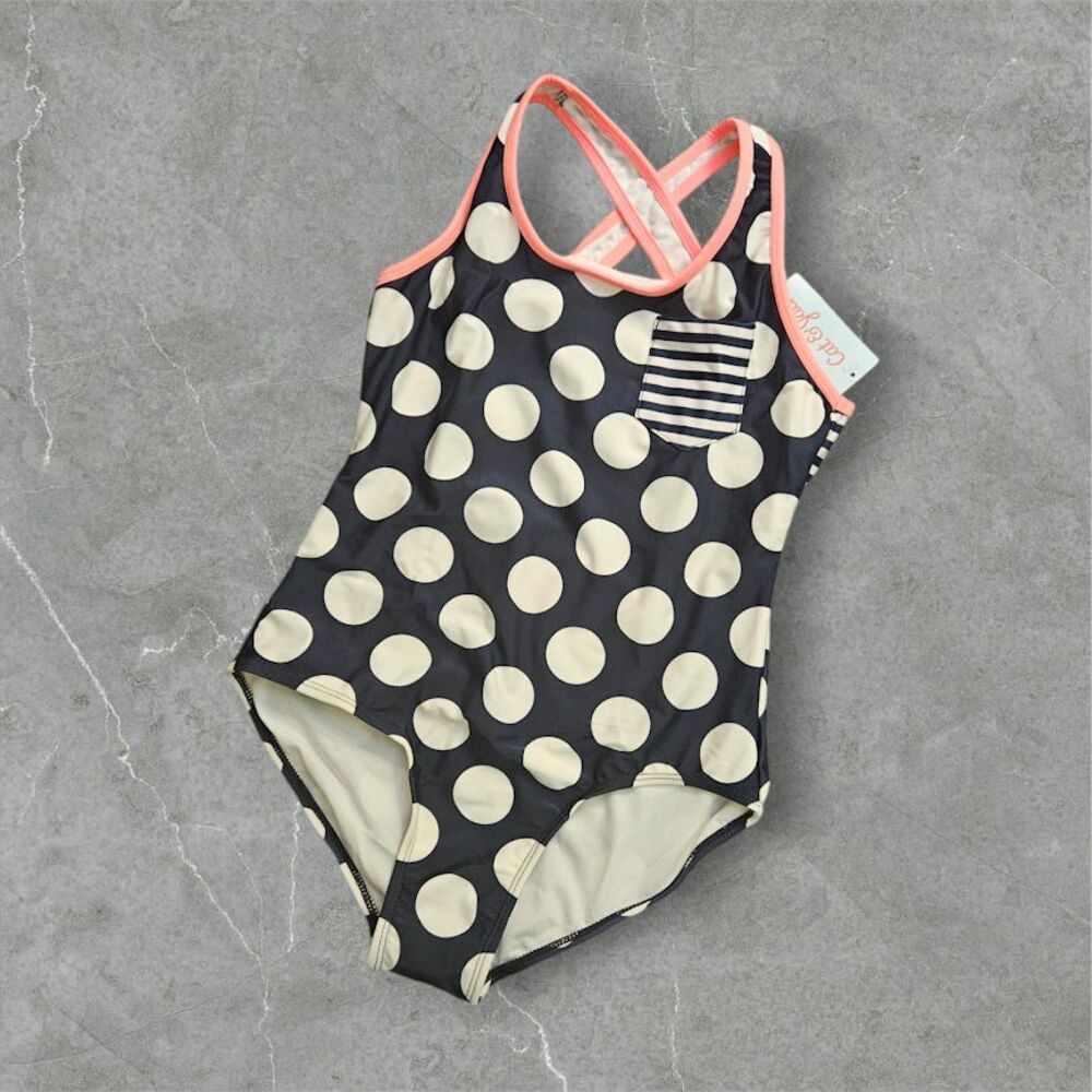 Cat & Jack Girls One Piece Swimsuit Polka Dot Striped Pocket Navy Pink L Plus